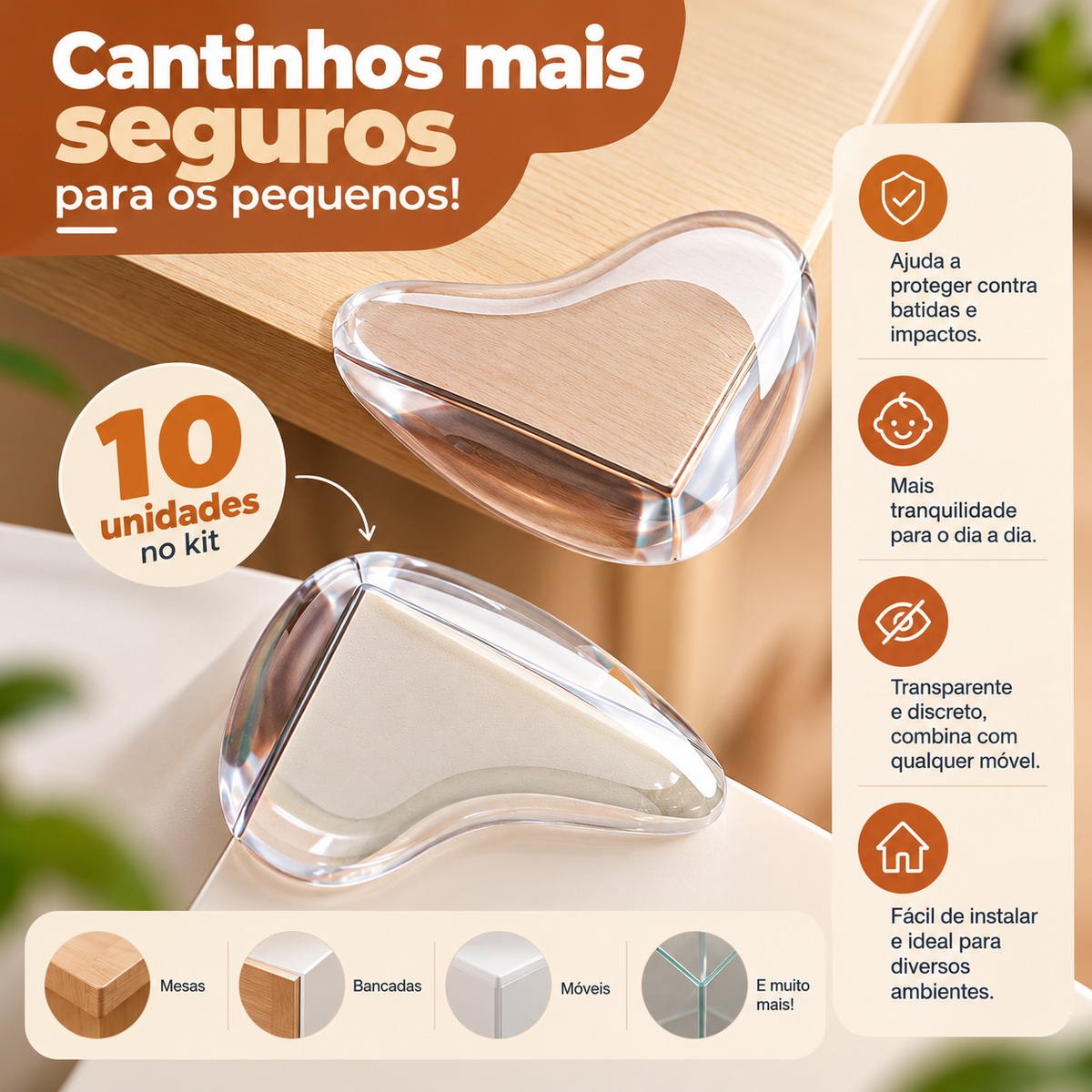Benzzi Cantinhos Seguros – Kit com 10 Protetores de Quina Transparentes